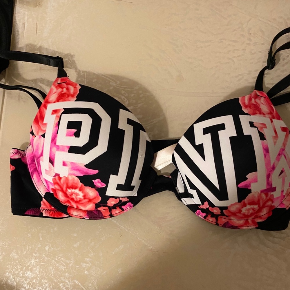 PINK Victoria's Secret Black & Pink Floral Logo Push-Up Bra - Picture 2 of 5